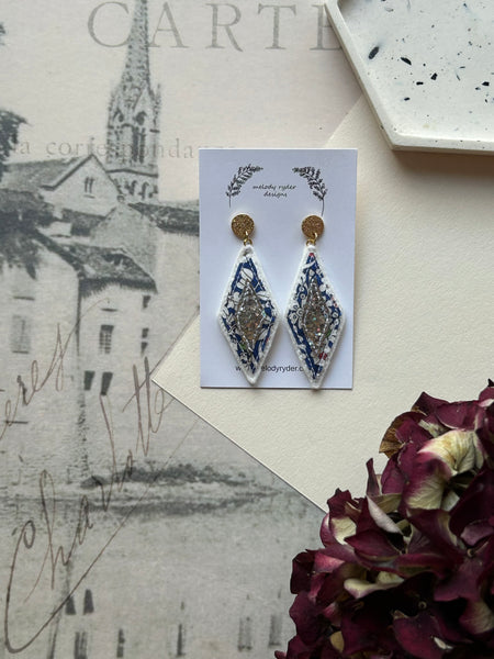 Diamond  Liberty print and Glitter Embroidered stud Earrings
