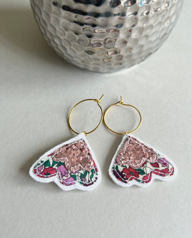 Scallop Liberty print and Glitter Embroidered Hoop Earrings