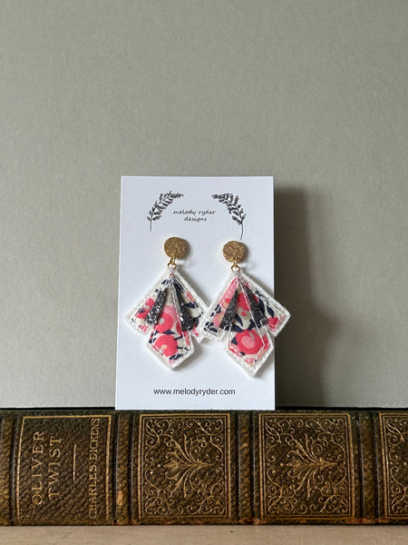 Art Deco style Liberty print and Glitter Embroidered Stud Earrings