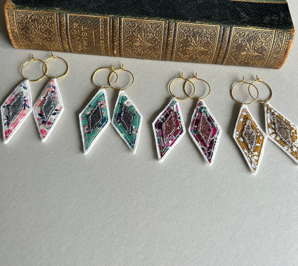 Art Deco style Liberty print and Glitter Embroidered Hoop Earrings