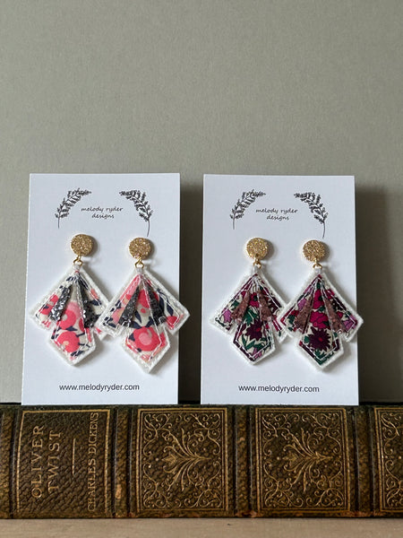 Art Deco style Liberty print and Glitter Embroidered Stud Earrings