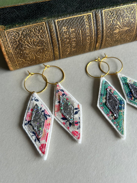 Diamond  Liberty print and Glitter Embroidered Hoop Earrings