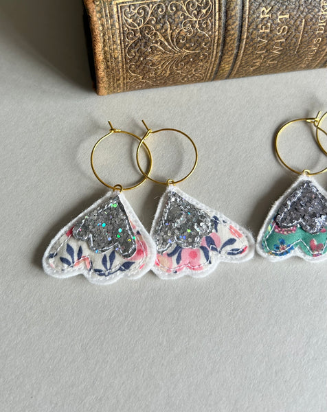 Scallop Liberty print and Glitter Embroidered Hoop Earrings