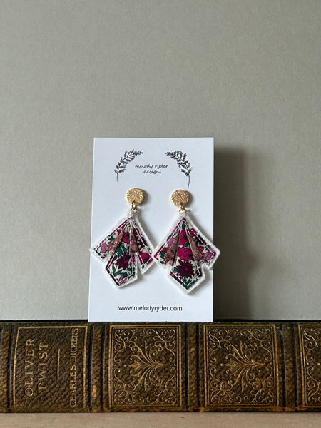 Art Deco style Liberty print and Glitter Embroidered Stud Earrings