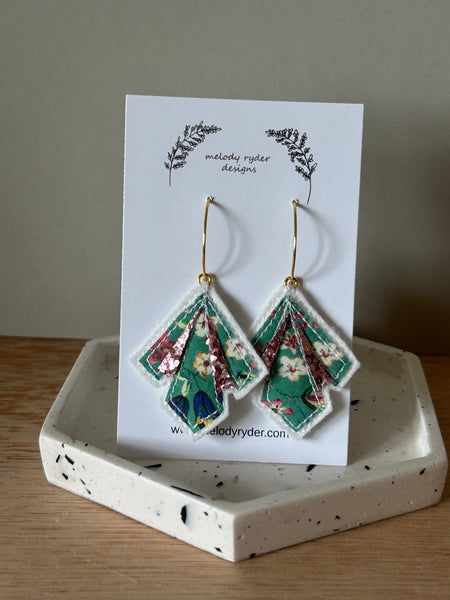 Art Deco style Liberty print and Glitter Embroidered Hoop Earrings